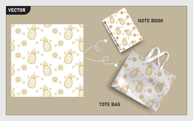 Vetor mockup tote bag e notebook com padrão de folha de frutas de abacaxi sem costura