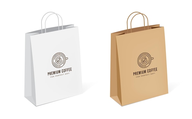 Mockup vetorial 3D de saco de papel com alça torcida e design de logotipo de café Saco de compras marrom e branco