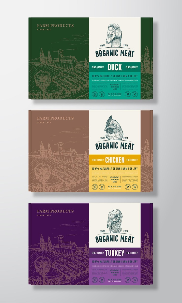 Vetor mockups premium quality food box. vector design de rótulo de embalagem de aves domésticas no conjunto de recipientes de papelão. mão desenhada frango, pato e rostos de turquia e coleção de layouts de fundo de esboço de paisagem rural.