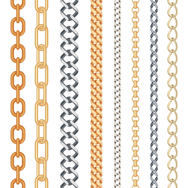 Vetor moda corrente dourada e prata sem costura conjunto isolado