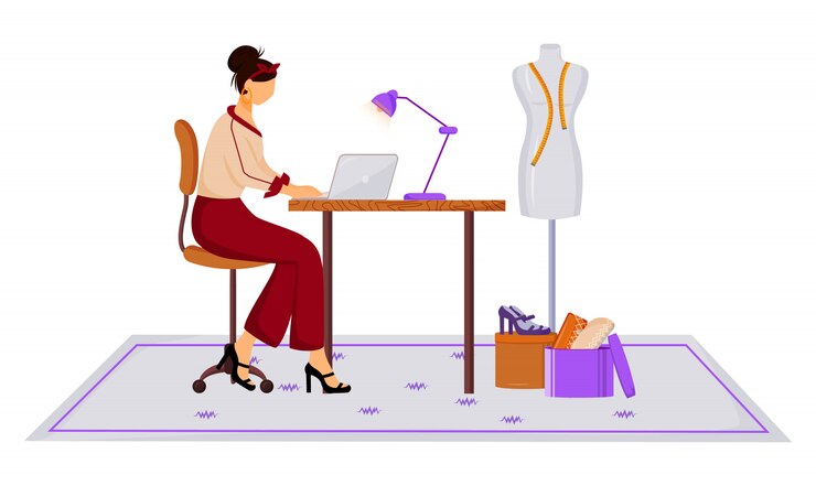 Vetor moda er na ilustração de cor do ateliê. criando roupas modernas com o laptop. trabalho criativo. projetando nova coleção em personagem de desenho animado studio em fundo branco