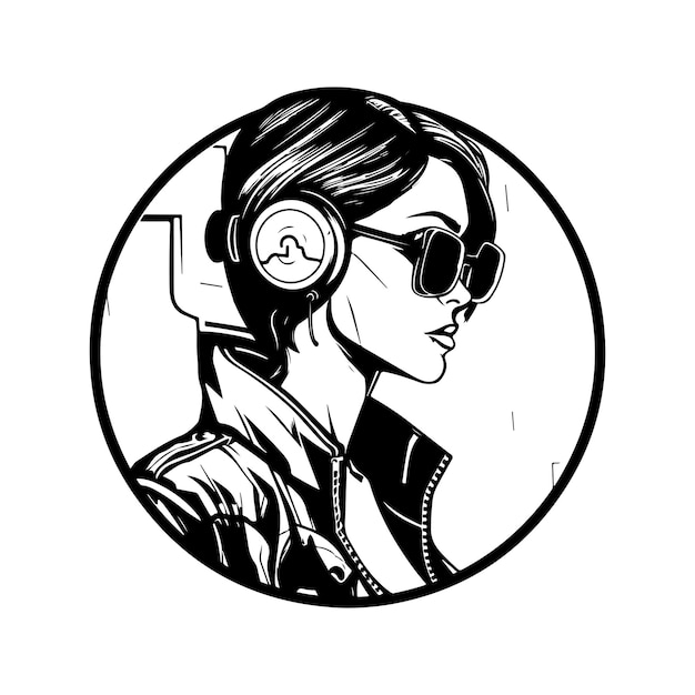 Moda garota cyberpunk logotipo vintage linha arte conceito preto e branco cor ilustração desenhada à mão