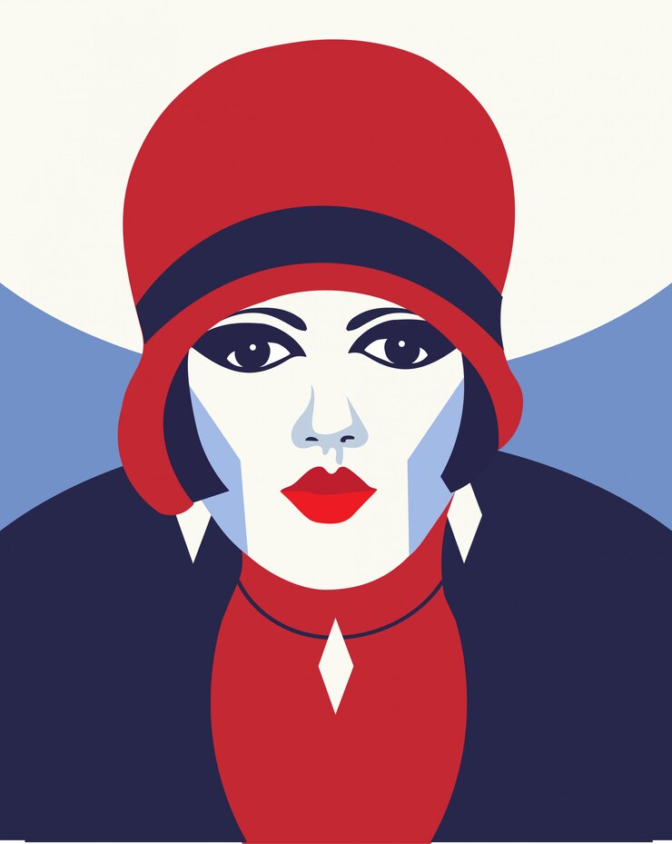 Vetor moda mulher com chapéu. portait estilo art déco. design plano.