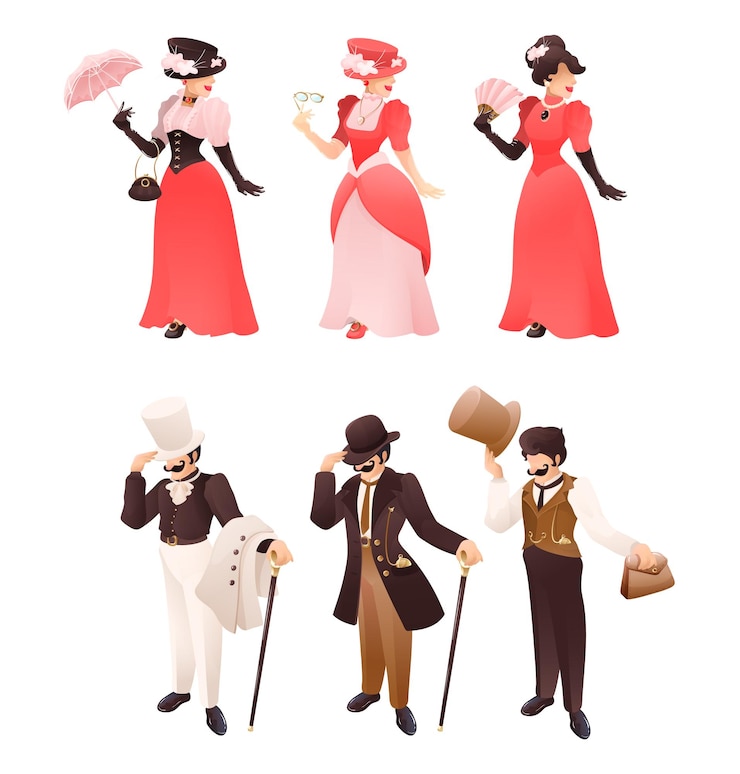 Vetor moda retro vitoriana senhora e cavalheiro com diferentes acessórios moda cavalheiro personagem com chapéu de cana terno mulher vintage com ventilador de guarda-chuva monóculo vetor desenho animado ilustração