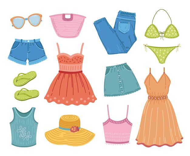 Moda roupas de verão vestuário clipart vestido plano maiô têxtil roupa de férias vestido de verão e shorts vestuário da moda conjunto de vetores exato