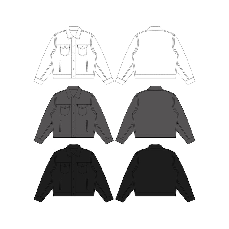 Vetor modelagem de jaqueta de denim clássica preta roupa de rua jaqueta clássica de denim vetor plana técnica