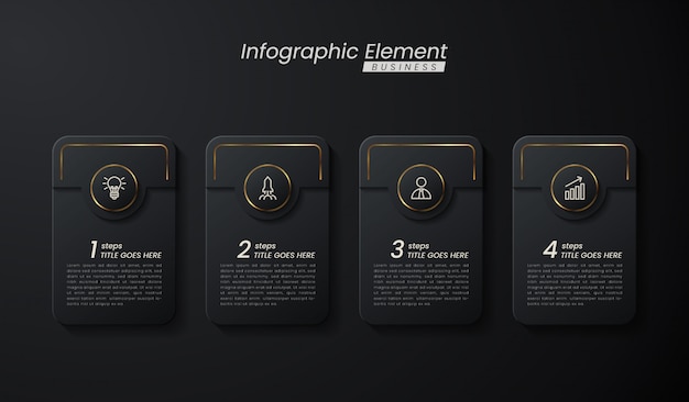 Modelo 3d infográfico elegante ouro escuro com etapas para o sucesso. apresentação com ícones de elementos de linha.