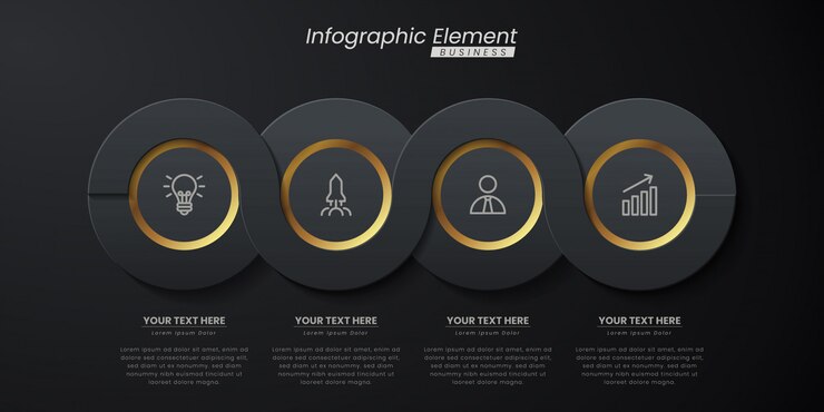Modelo 3d infográfico elegante ouro escuro com etapas para o sucesso. Apresentação com ícones de elementos de linha.