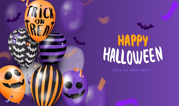 Modelo banner violeta com balões d com rostos feliz dia das bruxas