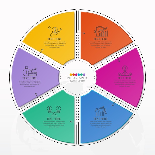 Vetor modelo básico de infográfico de círculo com processo ou opções de 6 etapas