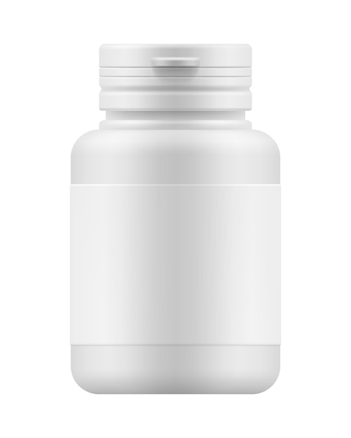 Modelo branco em branco de frasco de plástico com tampa para pílulas modelo 3d de embalagem médica para comprimidos de medicamentos vitamina ou medicamentos recipiente de medicamento para medicamento ilustração farmacêutica vetor
