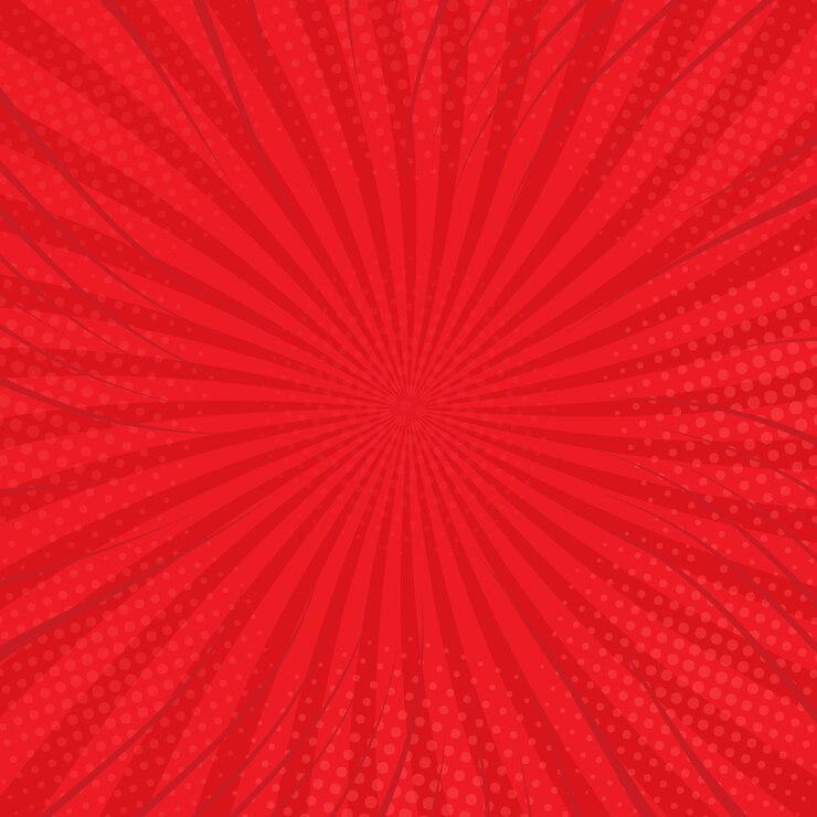 Modelo brilhante para uma página de quadrinhos com raios vermelhos e efeitos de meio-tom em uma ilustração vetorial de fundo radial