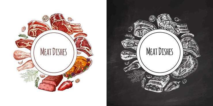 Vetor modelo circular criativo de pratos de carne para marca de alimentos e cardápio