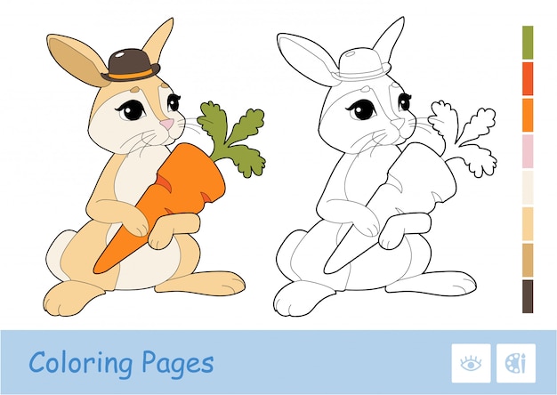 Modelo colorido e imagem de contorno incolor de coelho bonito segurando uma cenoura isolada no fundo branco.