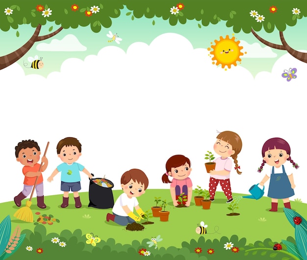 Modelo com desenhos animados de voluntários de criança plantar árvores no parque. Crianças felizes trabalham juntas para melhorar o meio ambiente.