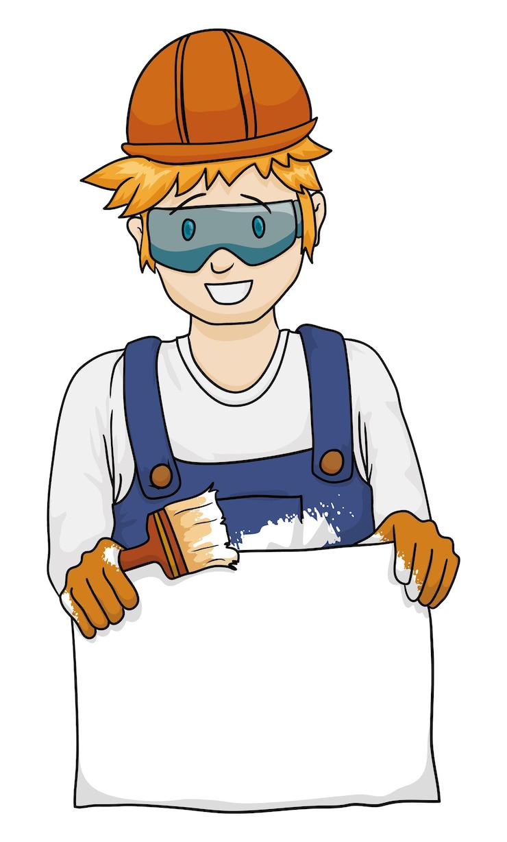 Vetor modelo com pintor loiro com capacete, óculos de segurança e macacão segurando um pincel e um pano