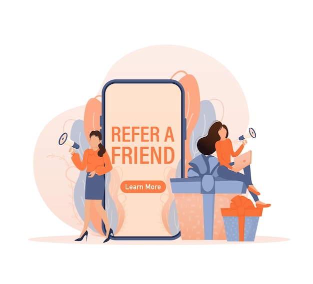Modelo com referência a um amigo segurando megafone em fundo branco para design de folheto