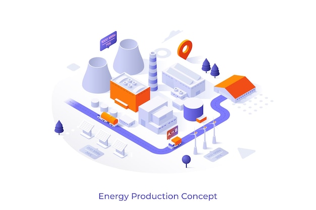 Modelo conceitual com edifícios de fábrica ou usina, torres de resfriamento, turbinas eólicas, sistema de energia solar cena para produção de energia elétrica ilustração vetorial isométrica moderna para o site