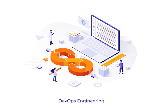 Modelo conceitual com grupo de pessoas laptop gigante e cena do símbolo infinito para administração de sistema de desenvolvimento de software de engenharia devops ilustração em vetor isométrica moderna