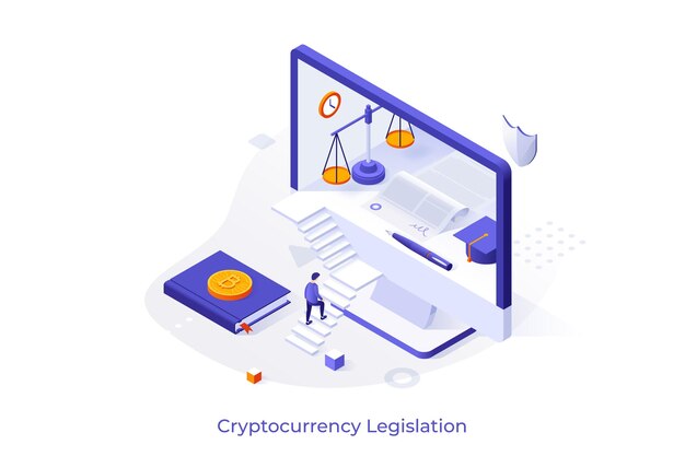 Modelo conceitual com homem subindo escadas e tentando entrar na tela do computador Conceito de legislação de criptomoeda regulamento de lei de moeda digital Ilustração vetorial isométrica moderna