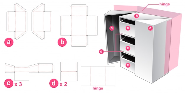 Modelo cortado da caixa de 3 gavetas