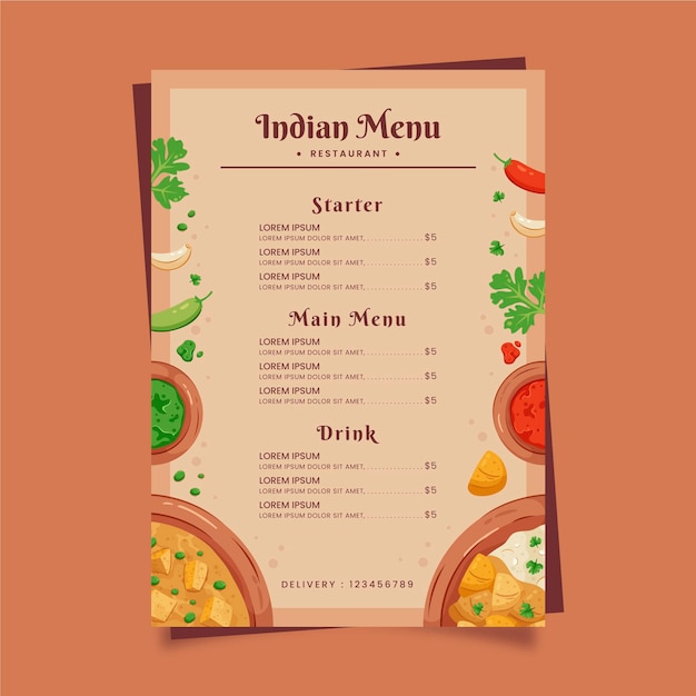 Vetor modelo criativo de menu indiano plano