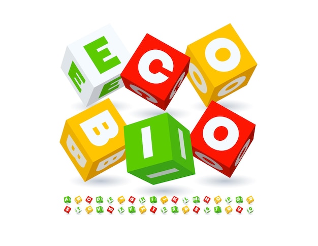 Vetor modelo criativo vetorial eco bio com 3d moderno conjunto de letras e números de blocos de cubo de fonte