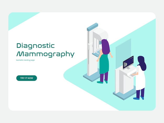 Modelo da web da página de destino. diagnóstico e triagem mamografia plana isométrica