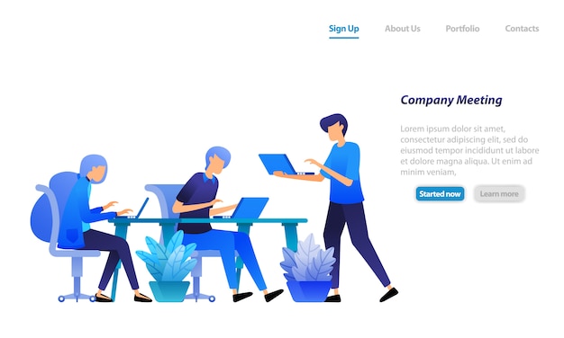 Modelo da web da página de destino. Empregados reunidos para começar a reunião. discutir problemas da empresa para pesquisar e encontrar a solução.