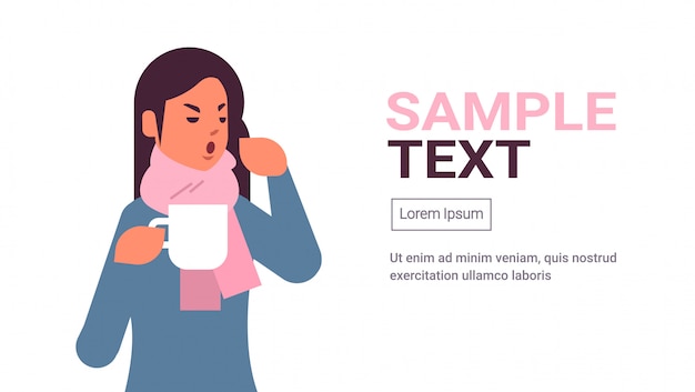 Vetor modelo da web mulher doente tendo espirros bebendo chá quente