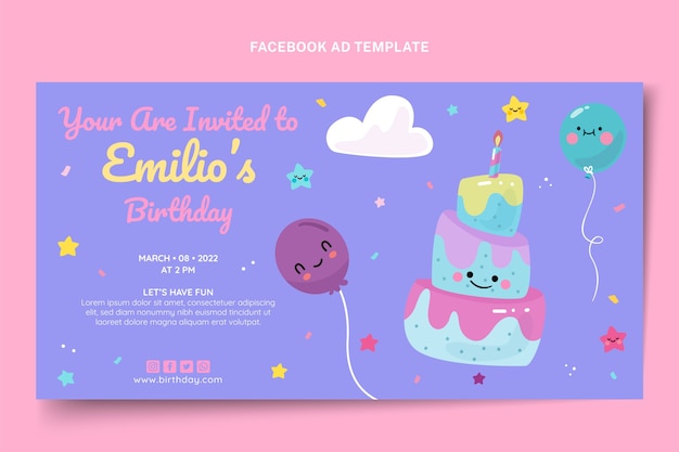 Modelo de aniversário infantil desenhado à mão no Facebook