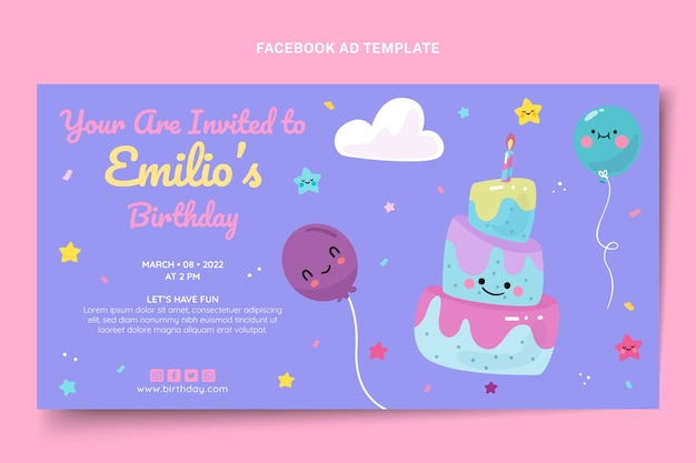 Modelo de aniversário infantil desenhado à mão no facebook