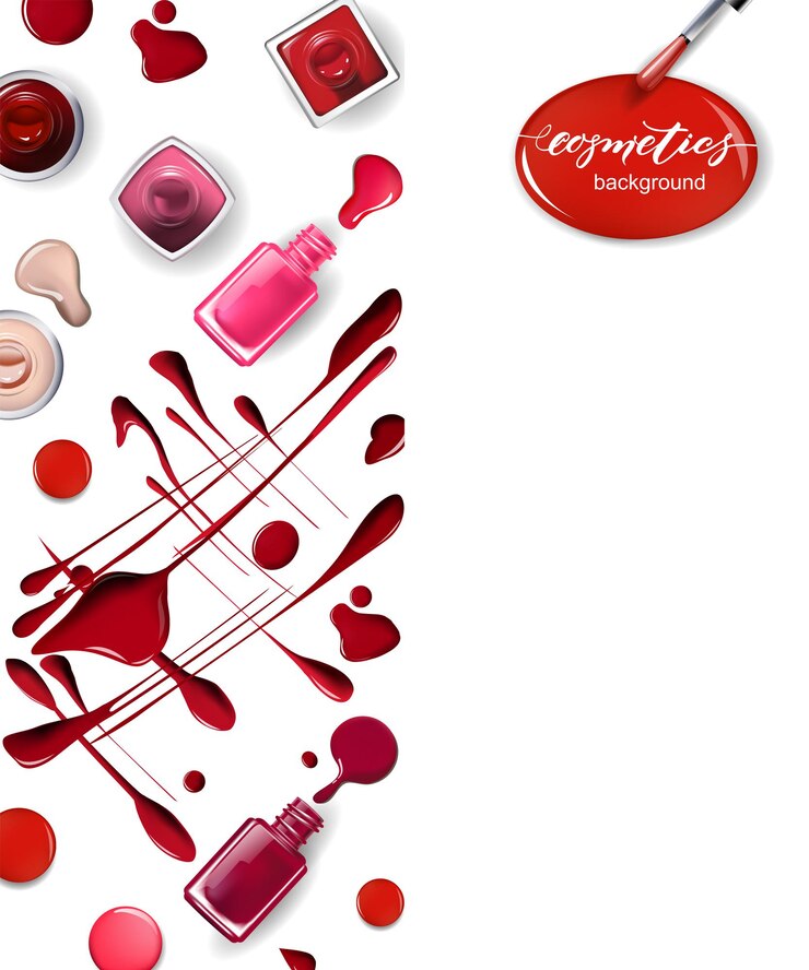 Vetor modelo de anúncio de cosméticos esmalte vermelho rosa borgonha salpicos de gotas vetor