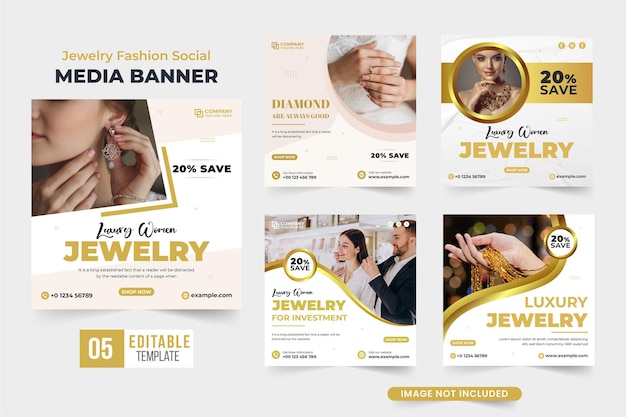 Modelo de anúncio de negócios de joias de luxo definido com formas abstratas Coleção de postagens de mídia social de venda de enfeites para marketing digital Pacote de pôster promocional de joias especiais com cor dourada