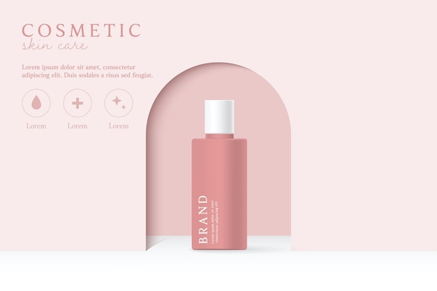 Modelo de anúncios de produtos cosméticos e cuidados com a pele em fundo rosa