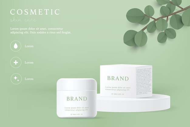 Modelo de anúncios de produtos cosméticos e cuidados com a pele em fundo verde com folhas