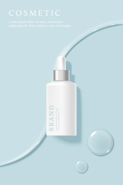 Modelo de anúncios de produtos cosméticos e de cuidados com a pele em fundo azul com textura de soro