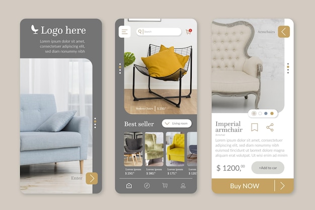 Vetor modelo de aplicativo de compras de móveis com fotos