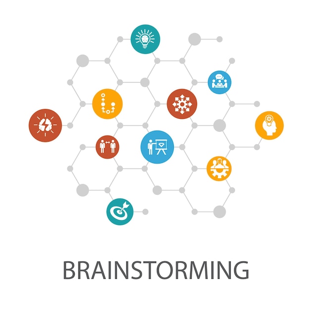 Modelo de apresentação de brainstorming, layout de capa e infográficos. imaginação, ideia, oportunidade, ícones de trabalho em equipe