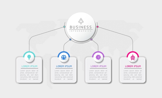 Modelo de apresentação de negócios de infografia vetorial conectado com 4 opções