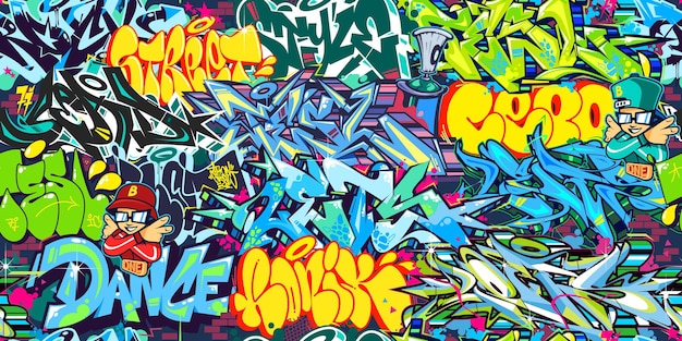 Modelo de arte de fundo de arte de rua abstrata colorida sem costura hip hop estilo graffiti caligrafia urbana ilustração vetorial