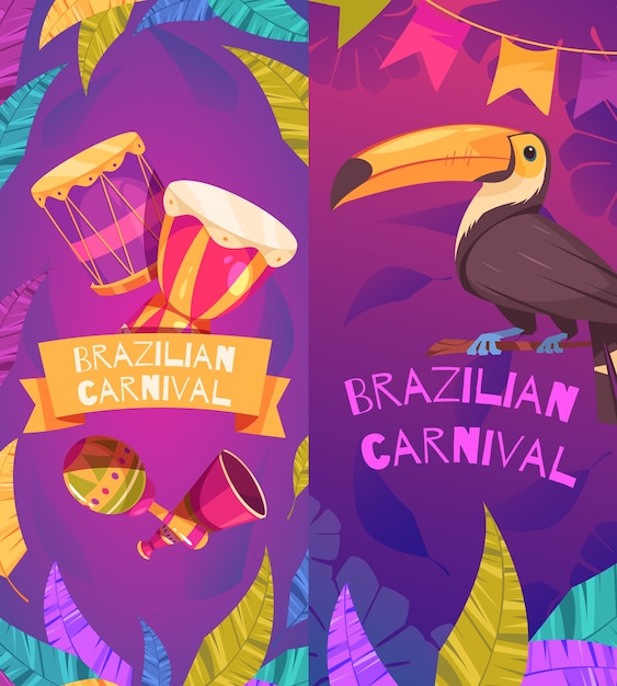 Modelo de bandeira vertical de carnaval brasileiro desenhado à mão com um tucano e um instrumento musical