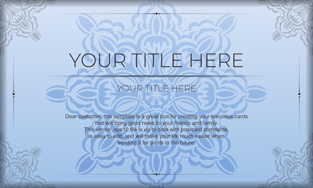 Modelo de banner azul com enfeites pretos de luxo e lugar para o seu projeto. design de cartão de convite com padrões vintage.