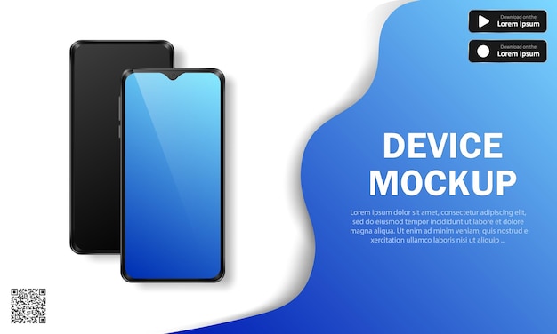 Modelo de banner azul com telefones 3d para anúncio de aplicativo ou site. maquete do dispositivo