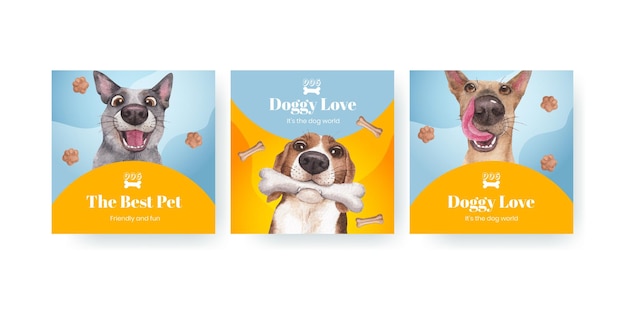Modelo de banner com conceito de cachorro fofo, estilo aquarela