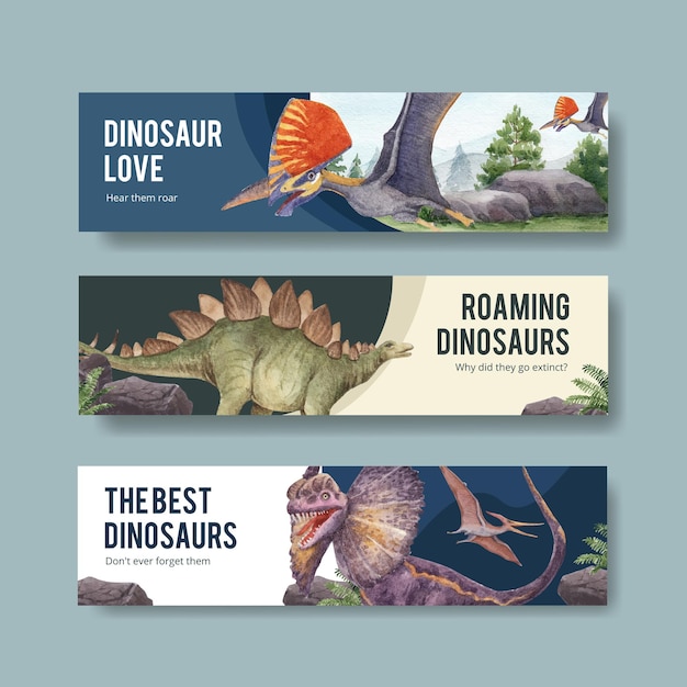 Modelo de banner com conceito de dinossauro, estilo aquarela