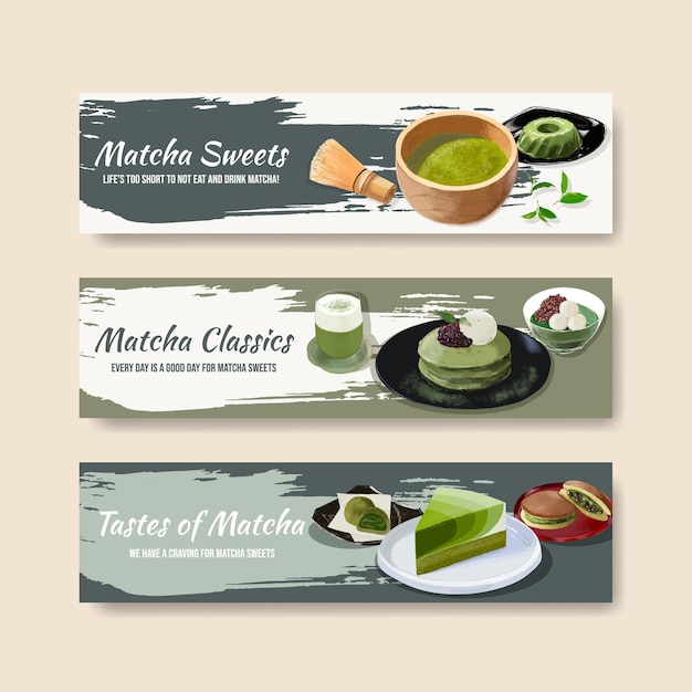 Modelo de banner com conceito de doces matcha, estilo aquarela