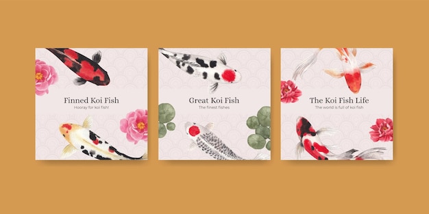 Modelo de banner com conceito de peixes koi, estilo aquarela.