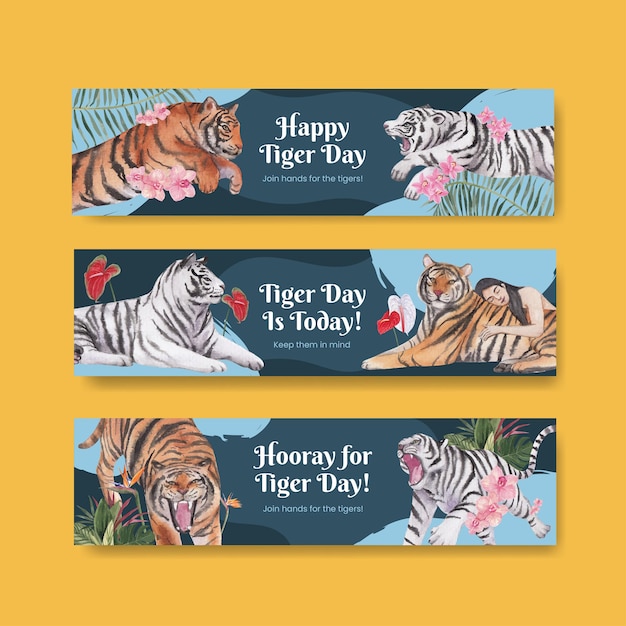 Modelo de banner com conceito internacional do dia do tigre, estilo aquarela