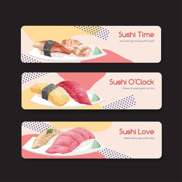 Modelo de banner com conceito premium de sushi, estilo aquarela